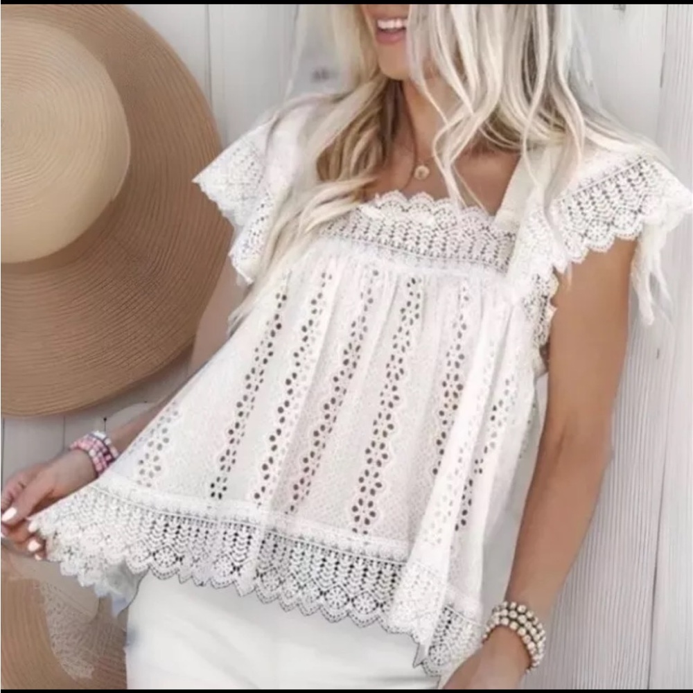 Darling Beach Scallop Lace Trim Off Shoulders Hollowed Out Designs White Top